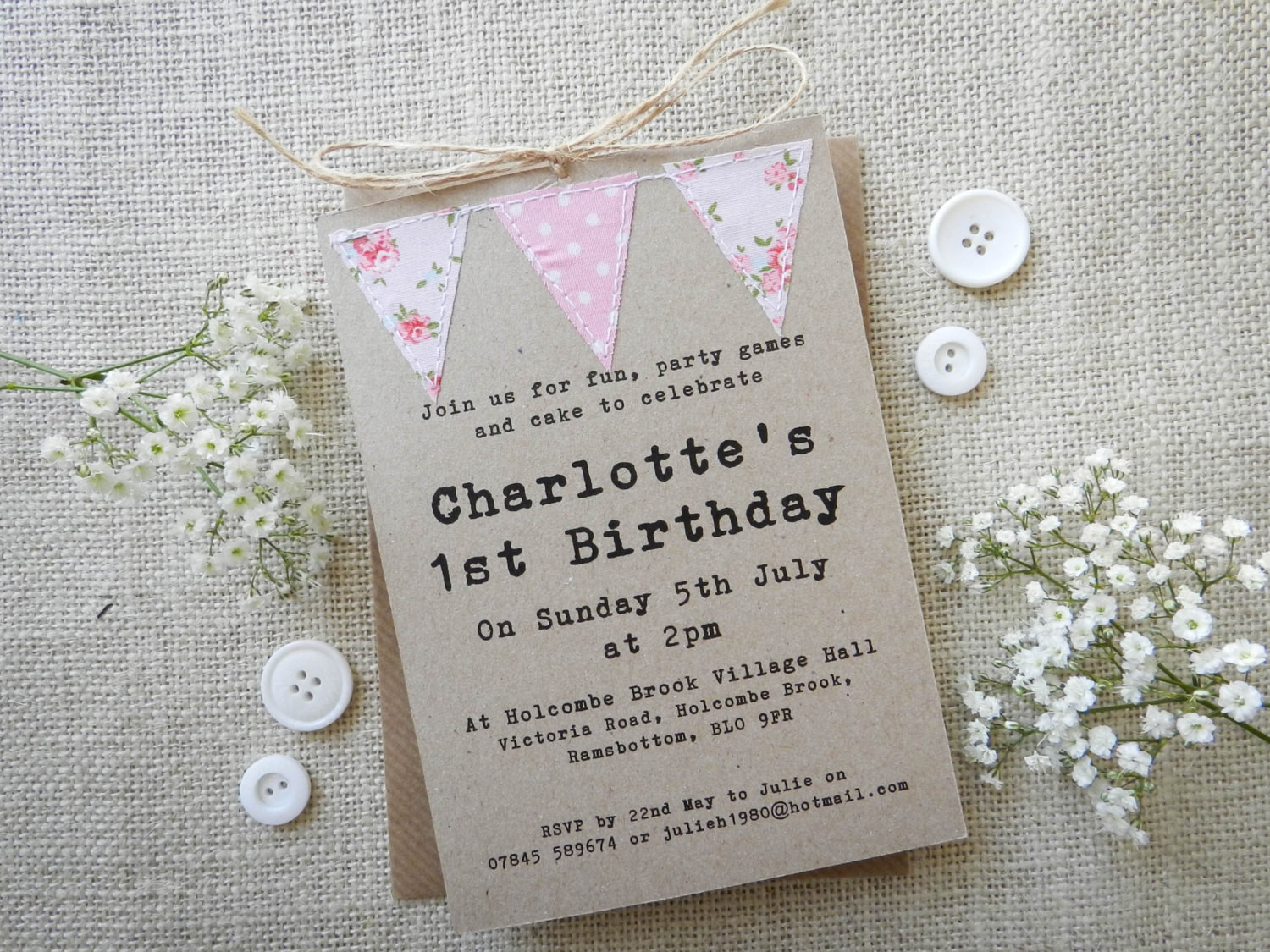 Handmade Birthday Invitations
 Handmade 1st Birthday invitation bunting Birthday party