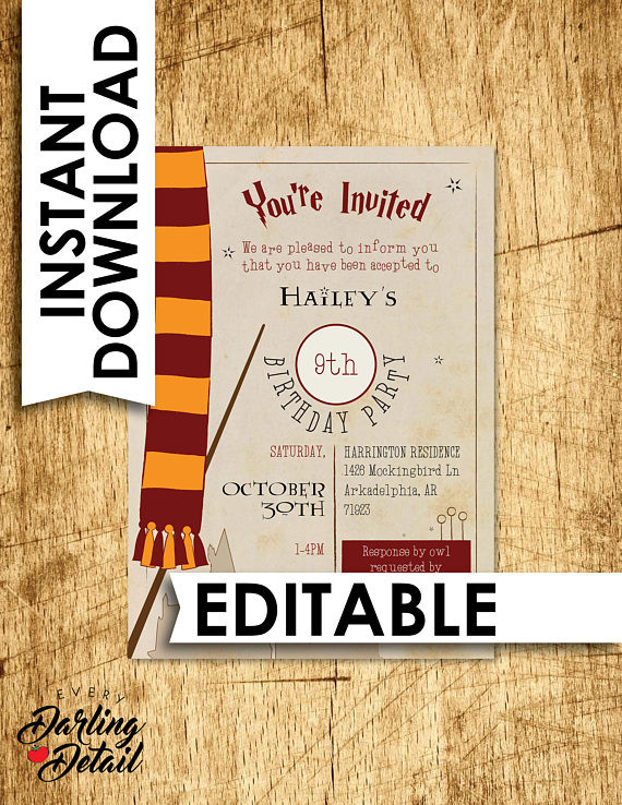 Harry Potter Birthday Invitation
 Harry Potter Birthday Invitation Instant Download Invite