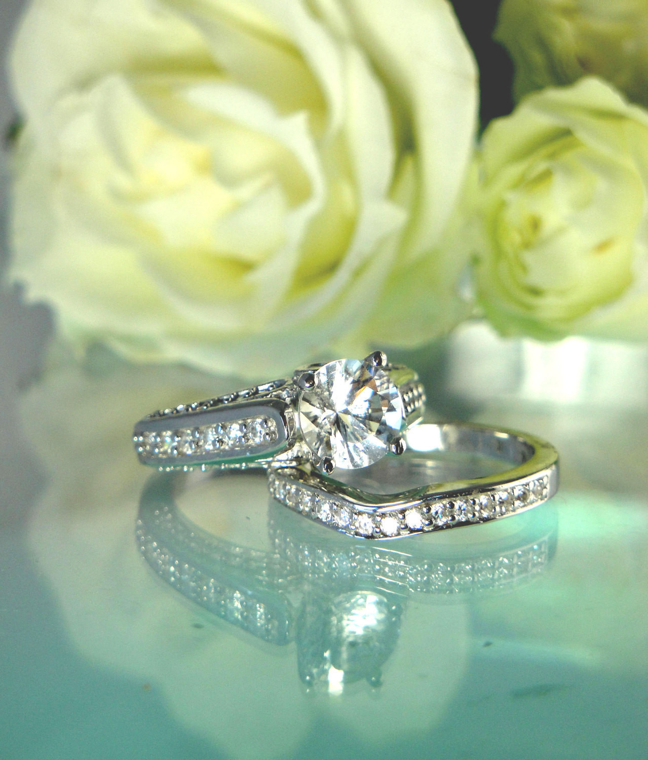 Herkimer Diamond Engagement Ring
 Herkimer Diamond Engagement Ring and Matching White Topaz Band