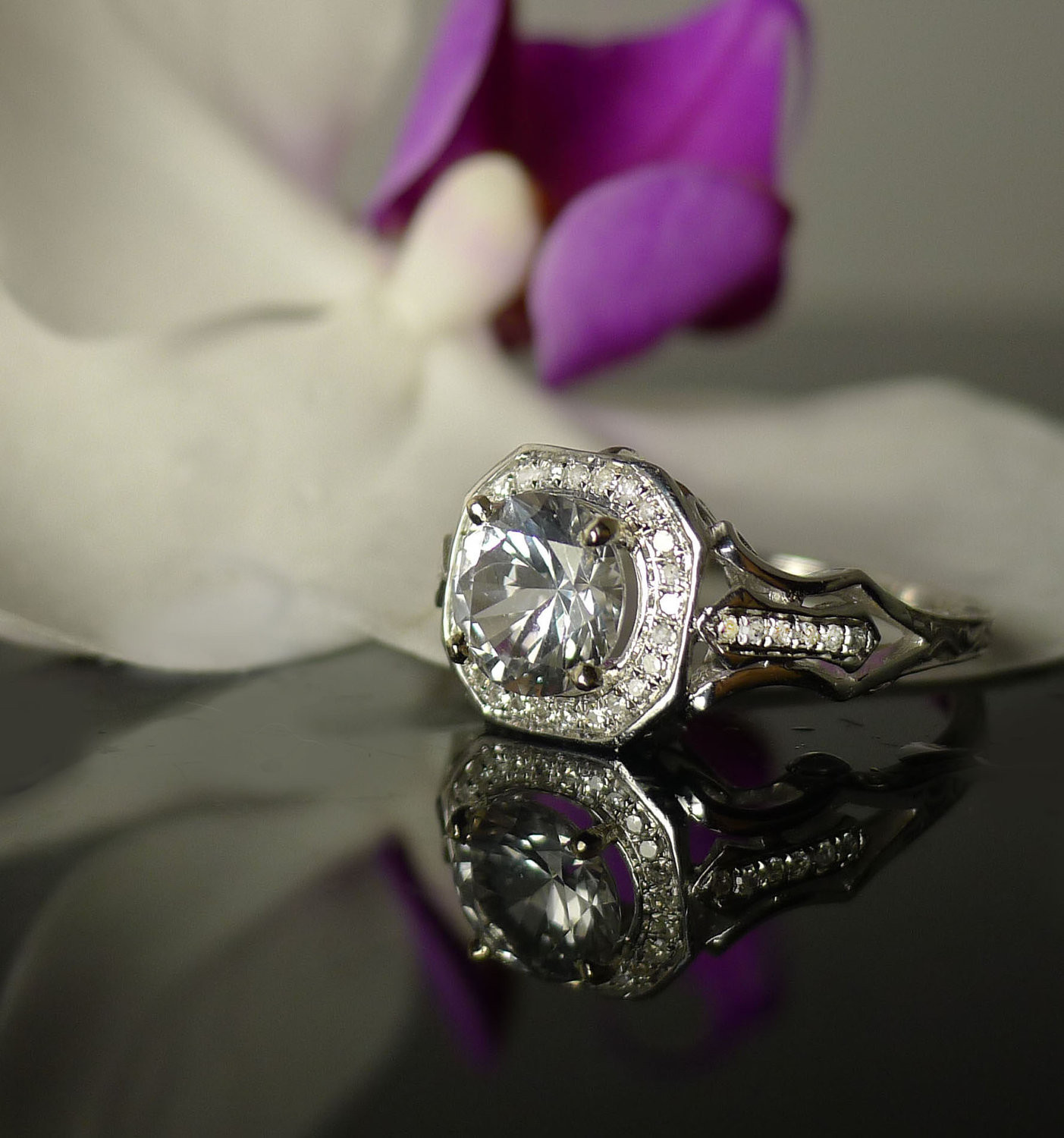 Herkimer Diamond Engagement Ring
 Herkimer Diamond Engagement Ring 14K White Gold Diamond