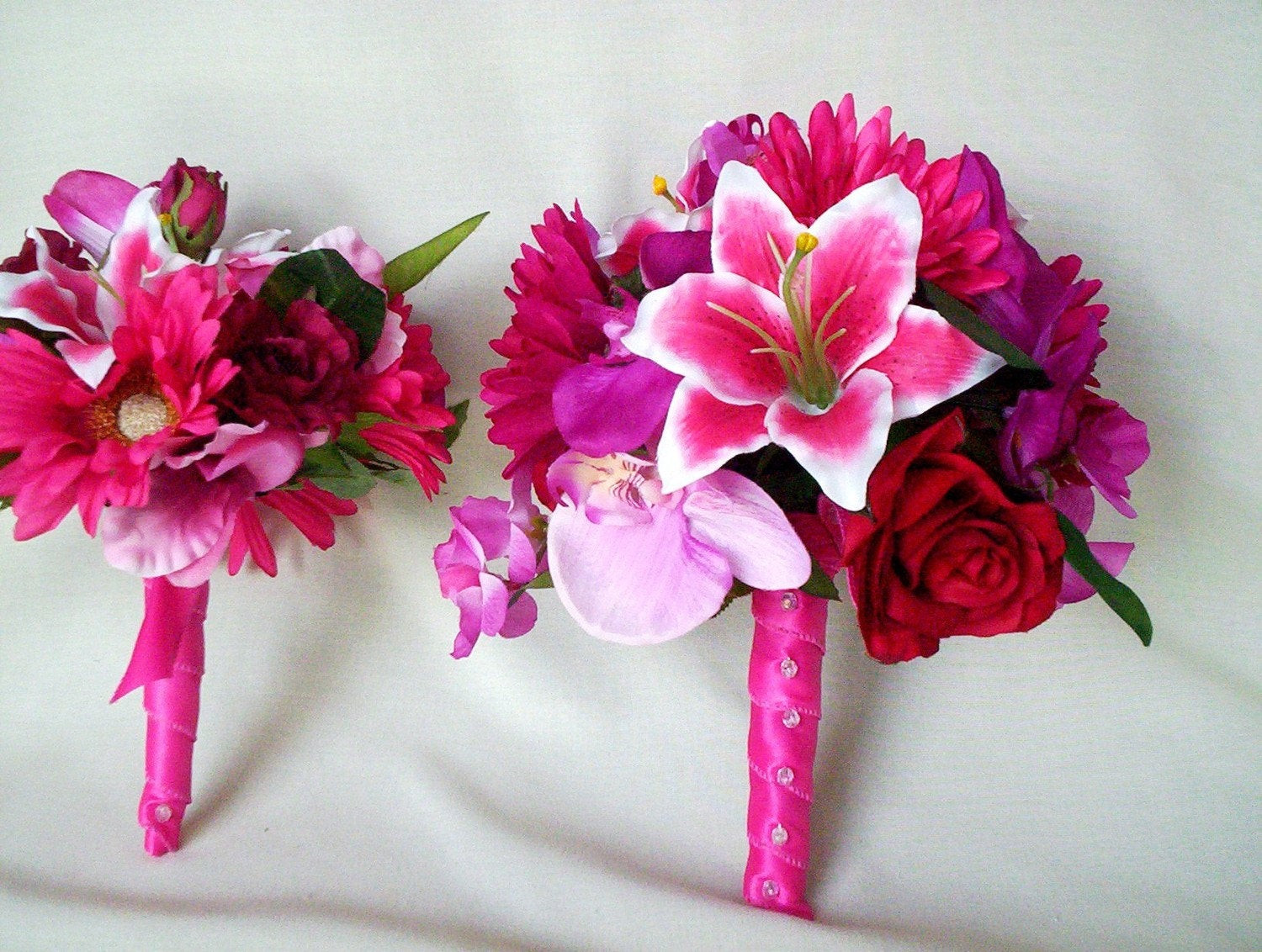 Hot Pink Wedding Flowers
 Hot Pink Brides Maid Lilly Bouquet silk Wedding Flowers