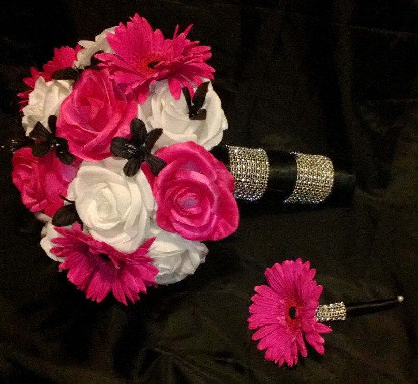 Hot Pink Wedding Flowers
 17 Piece Hot Pink White Rose Wedding Bouquet by