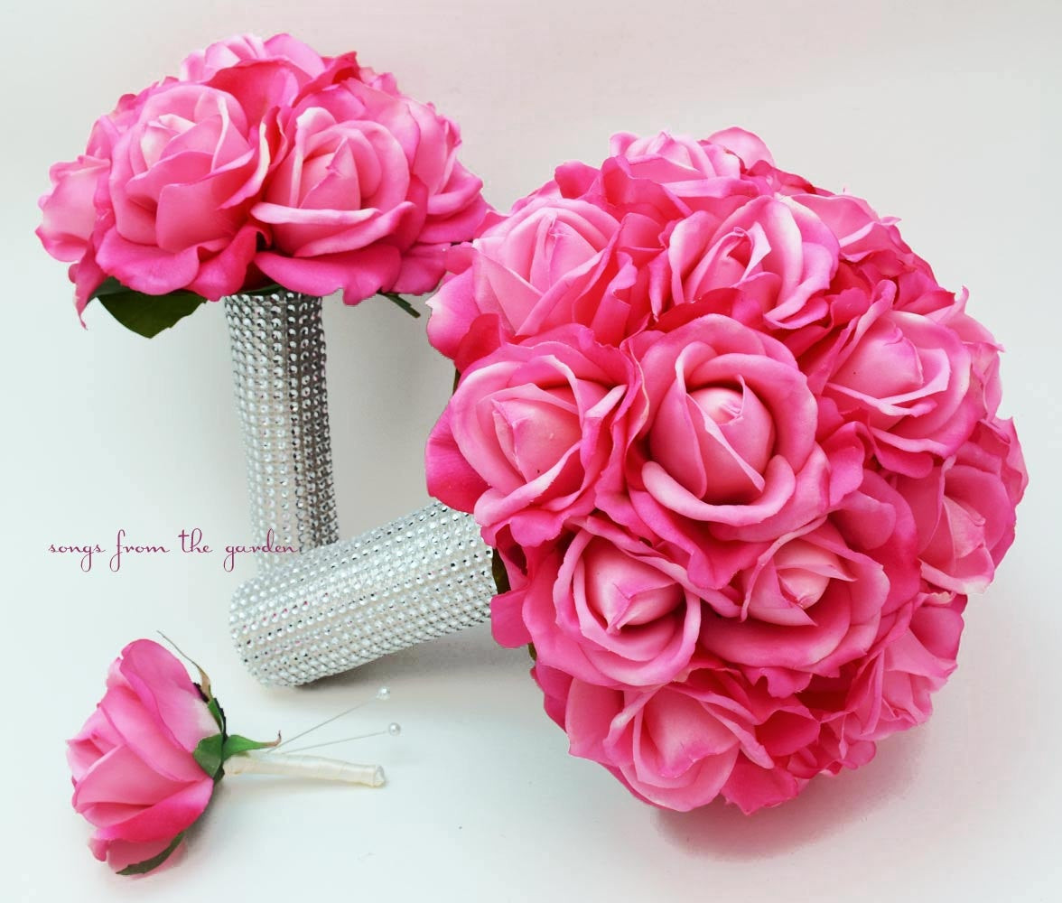 Hot Pink Wedding Flowers
 Bridal Bouquet Real Touch Roses Hot Pink Wedding Bouquet Real