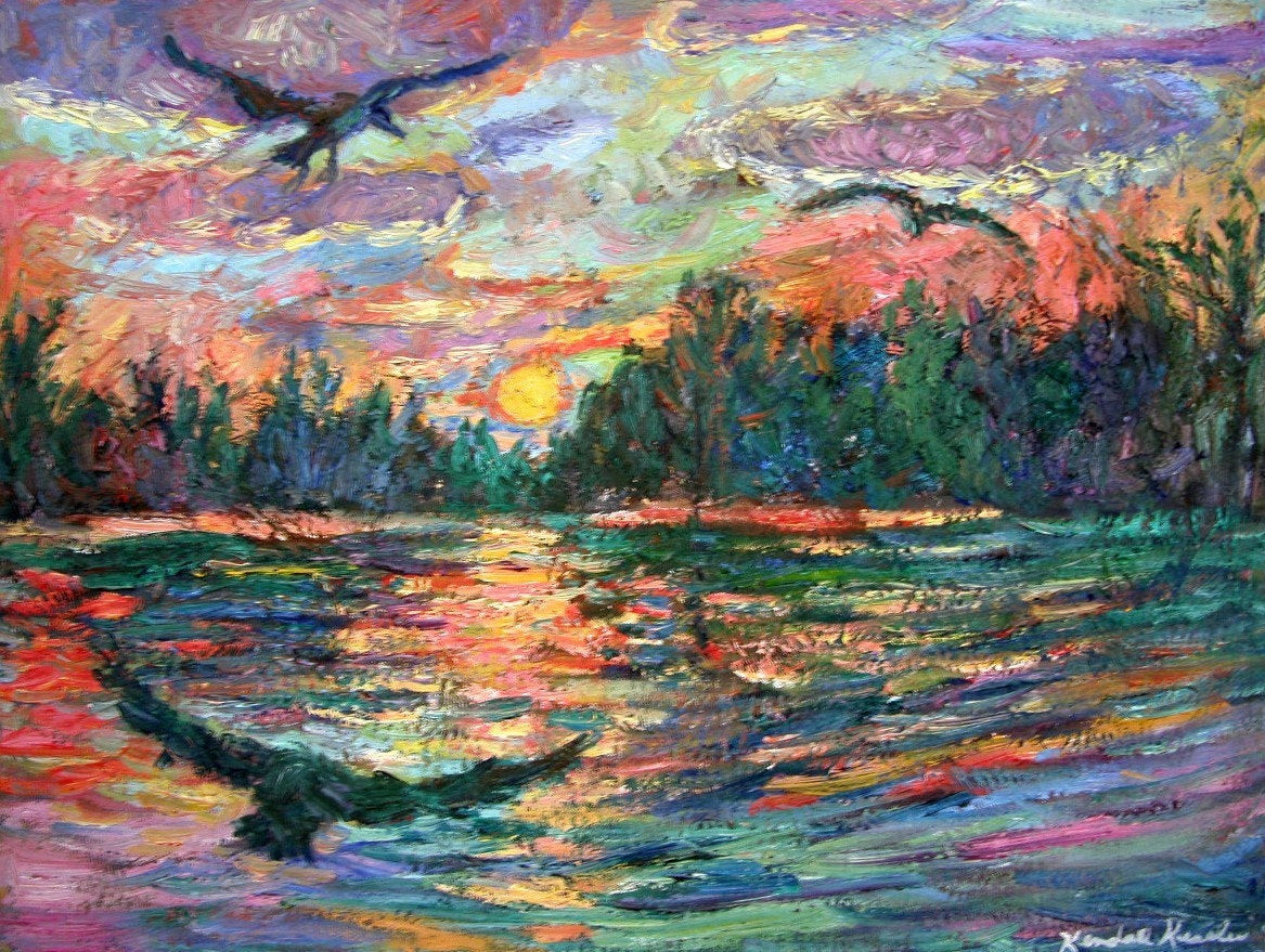 Impressionist Landscape Painting
 Evening Flight 12x16 Impressionist Landscape Painting of Birds
