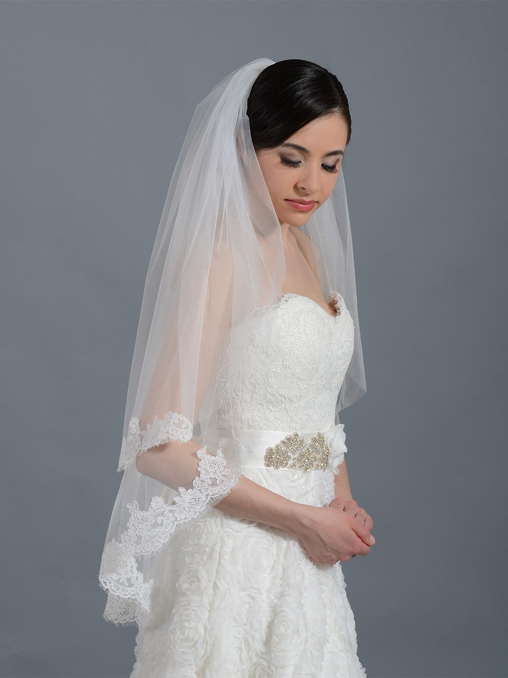 Ivory Wedding Veil
 2 tier ivory elbow alencon lace wedding veil V042