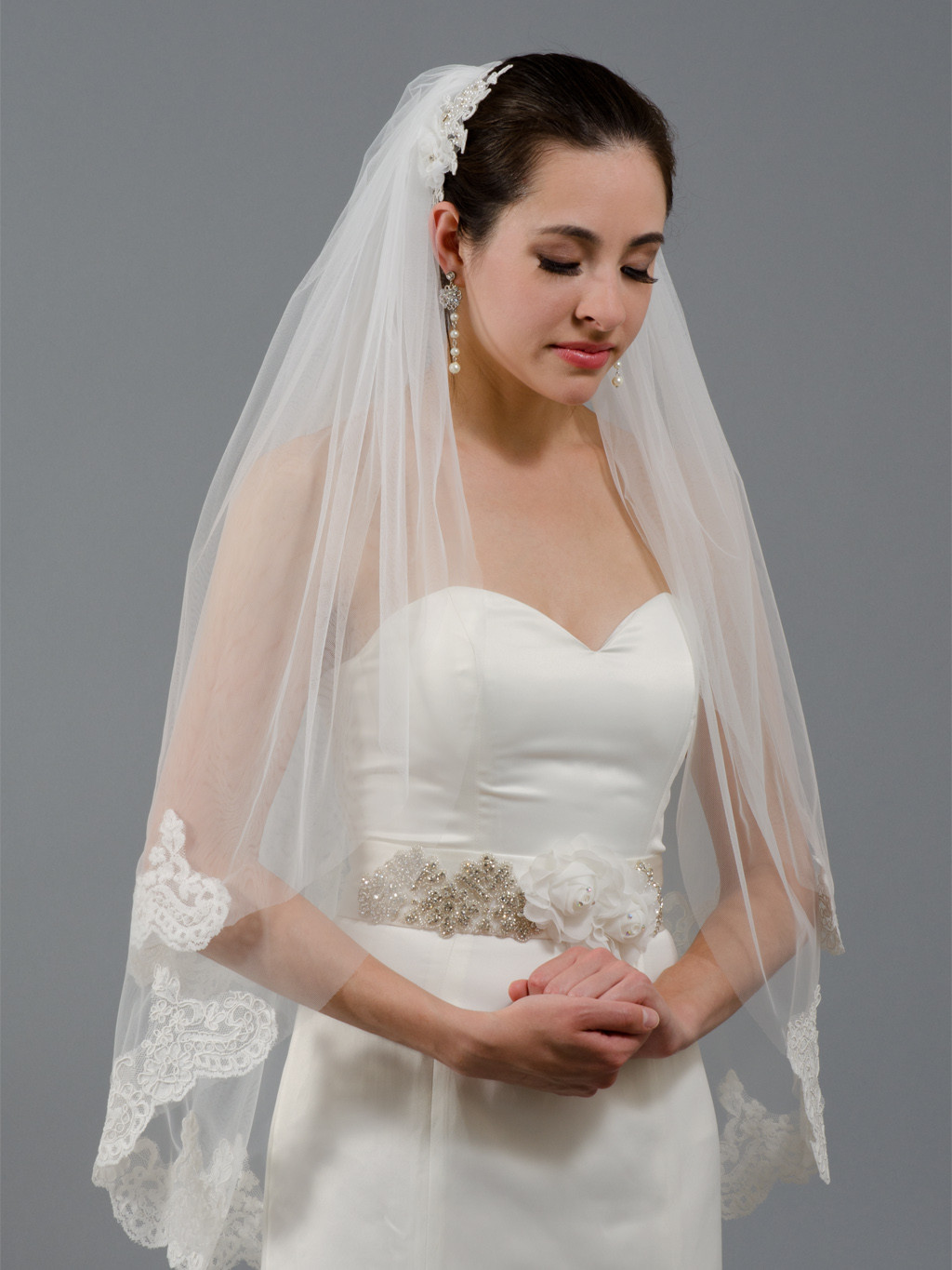 Ivory Wedding Veil
 2 tier ivory elbow alencon lace wedding veil V041