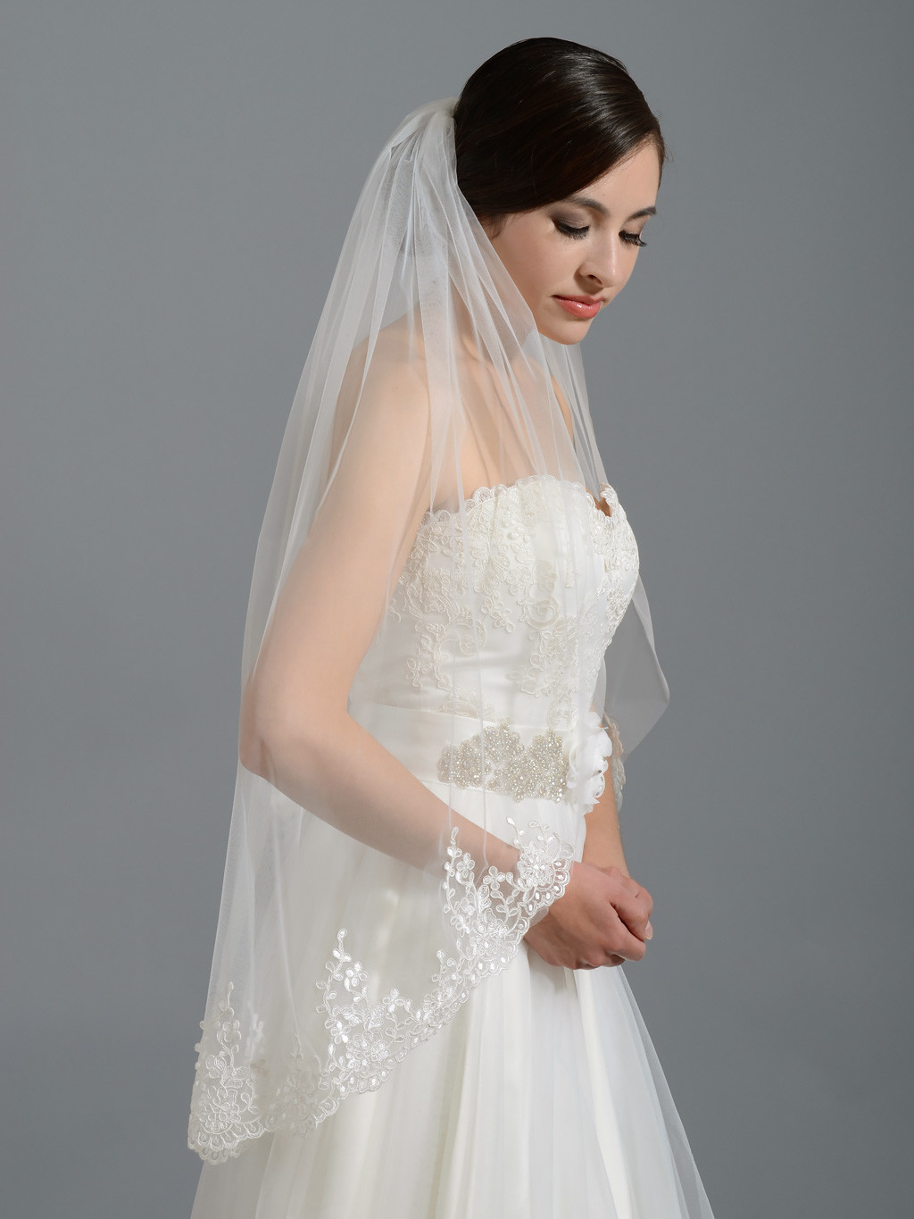 Ivory Wedding Veil
 Ivory elbow alencon lace wedding veil V037n