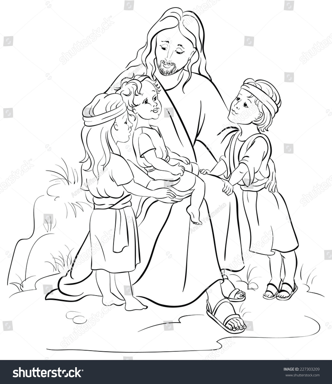 Jesus And The Children Coloring Pages
 Bible Story Jesus Children Coloring Page Stock Vector