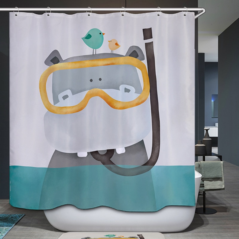 Kid Bathroom Shower Curtain
 Homing Cute Cartoon Bear Hippo Kid Bath Polyester Curtain