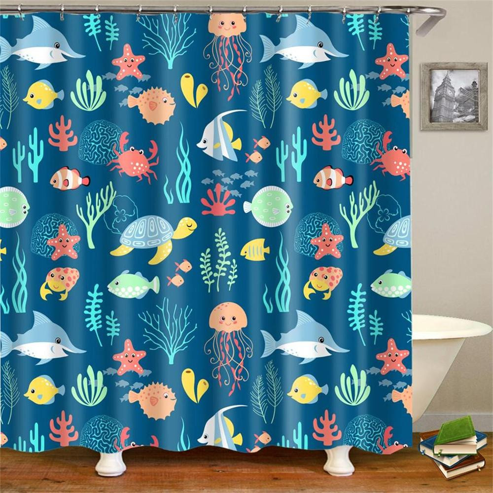 Kid Bathroom Shower Curtain
 Cartoon Kids Fabric Shower Curtain Waterproof Blue Ocean