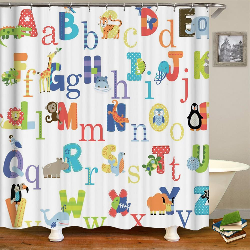 Kid Bathroom Shower Curtain
 Art ABC Alphabet Waterproof Fabric Polyester Bathroom