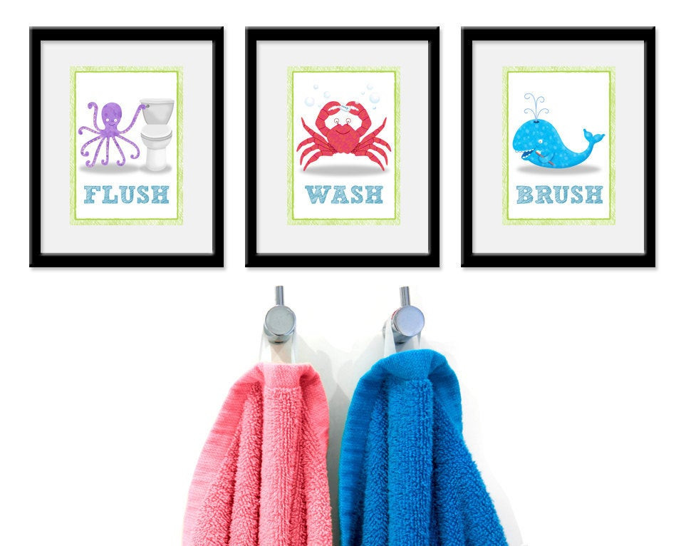 Kids Bathroom Art
 Bathroom Sea theme Kids Art Set of Three 5 x 7 Bathroom