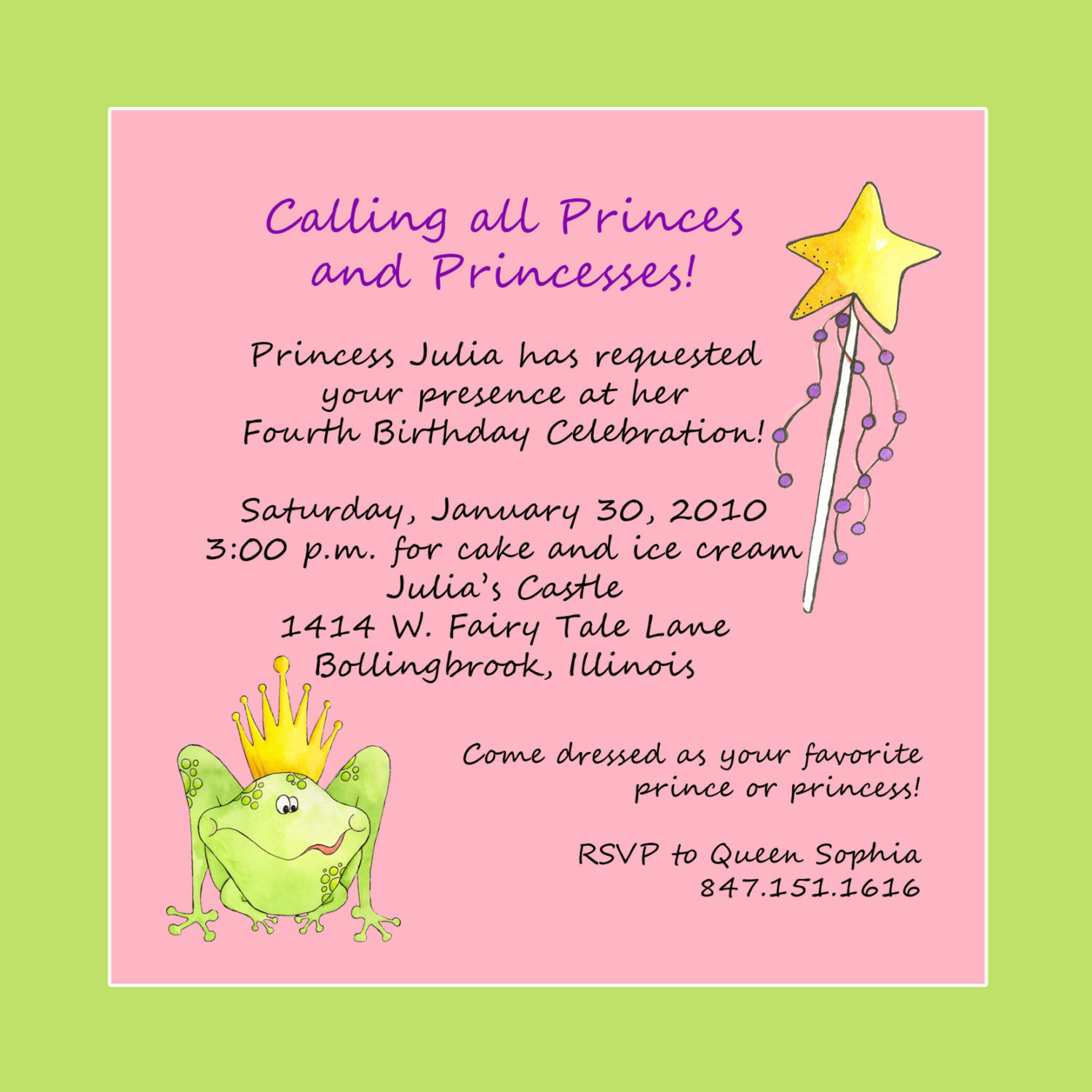 Kids Birthday Invitation Wording
 Princess Theme Birthday Party Invitation Custom Wording