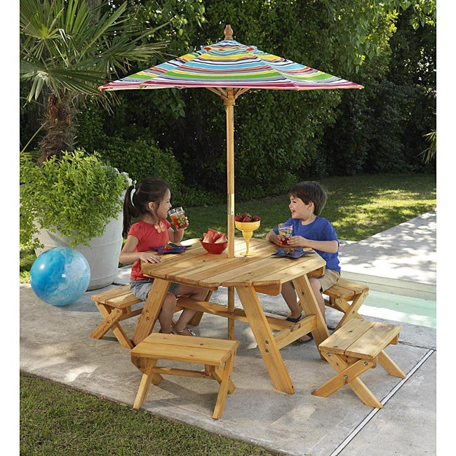Kids Outdoor Patio Set
 Octagon Table & 4 Benches with Multi striped Umbrella