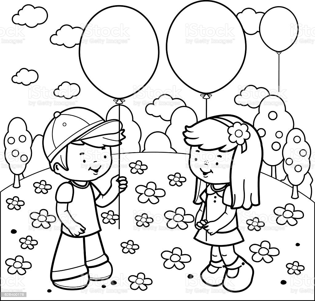 Kids Playing Coloring Pages
 Children At The Park Playing With Balloons Coloring Book