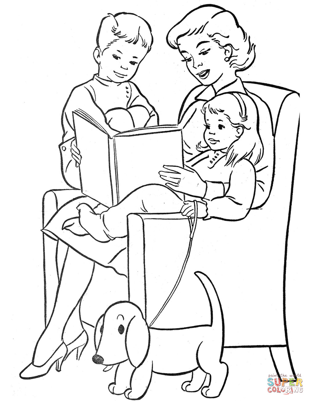 Kids Reading Coloring Pages
 Mom Reading to Children coloring page