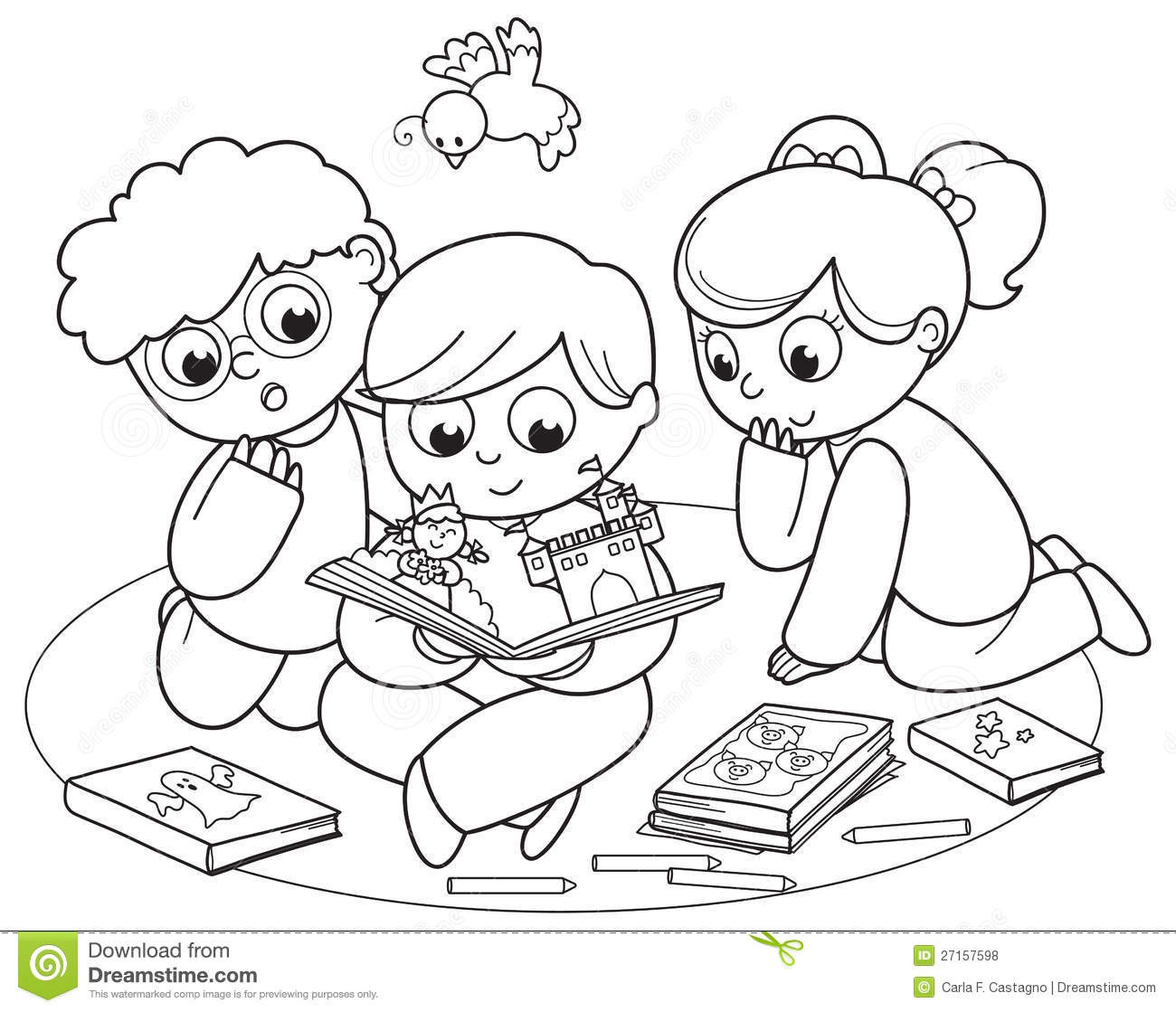 Kids Reading Coloring Pages
 Three Kids Reading A Pop up Book Stock Vector