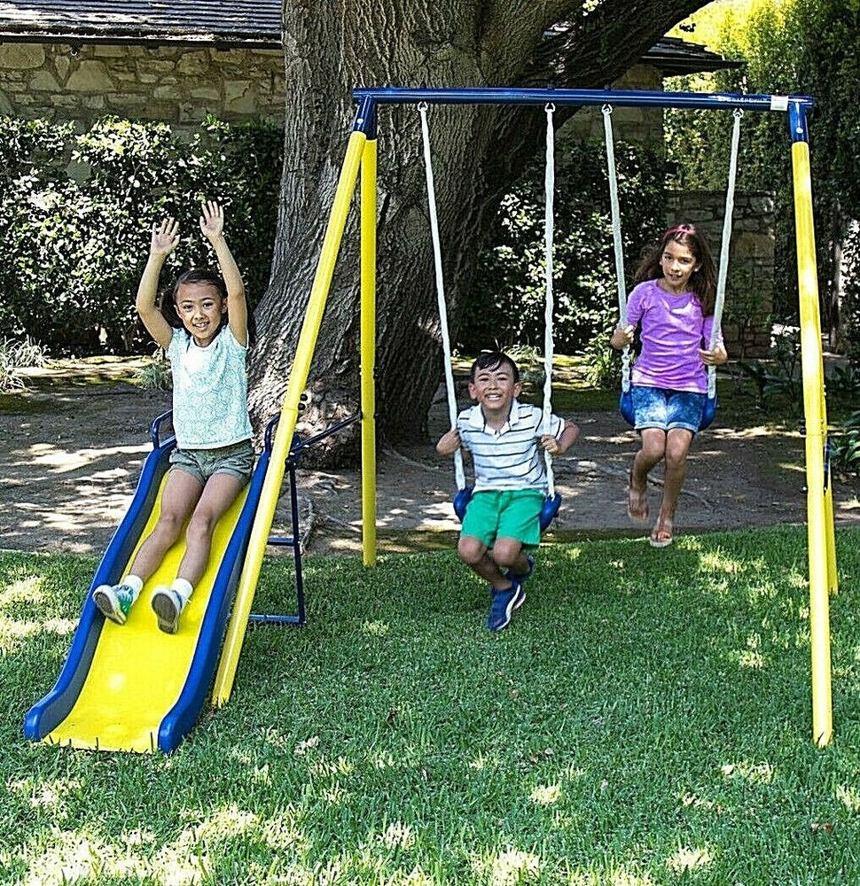 Kids Swing And Slide Set
 Swing Set Playground Metal Outdoor Play Slide Kids