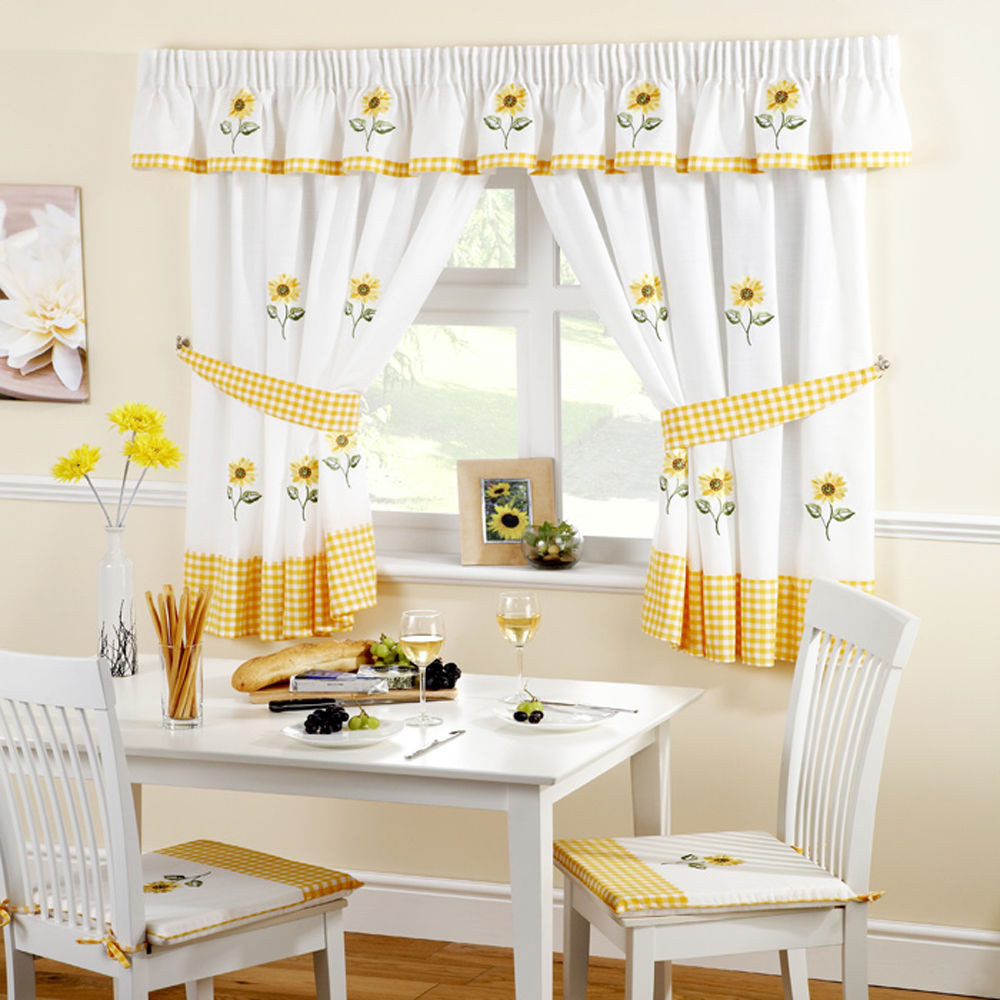 Kitchen Curtain Panels
 SUNFLOWER YELLOW EMBROIDERED GINGHAM KITCHEN CURTAINS 46