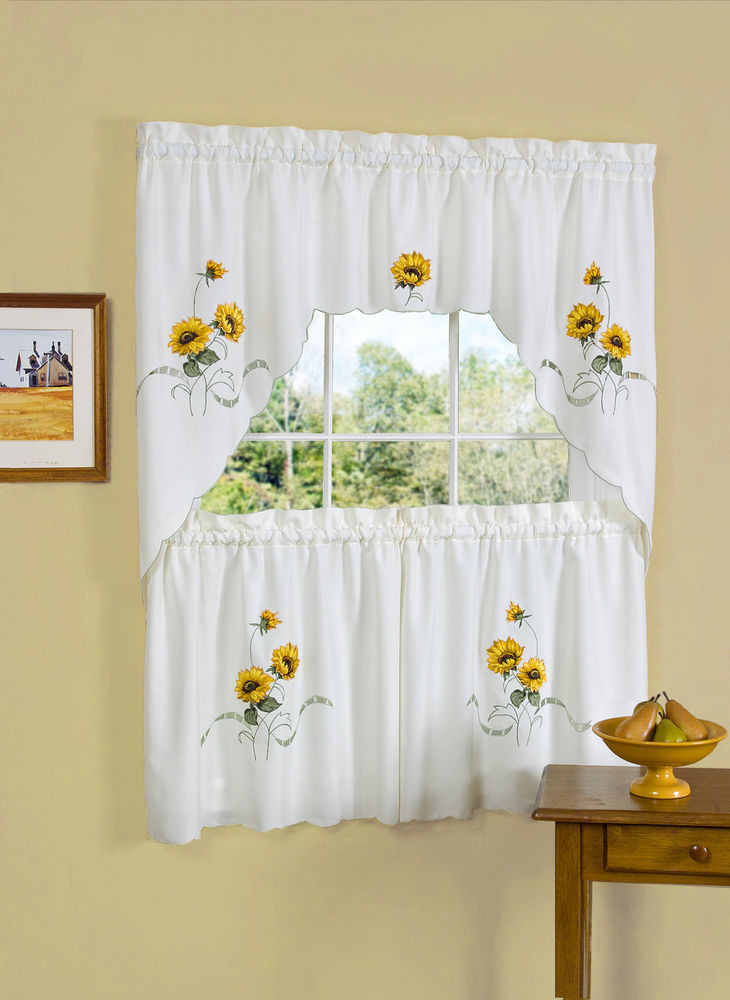 Kitchen Curtains Tier
 Sunflower Embroidered Kitchen Curtain 36" Tier Pair & 30