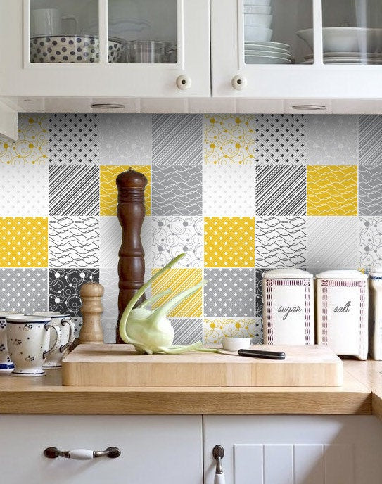 Kitchen Decals For Backsplash
 Backsplash Decal vinyl backsplash Yellow Gray Tiles