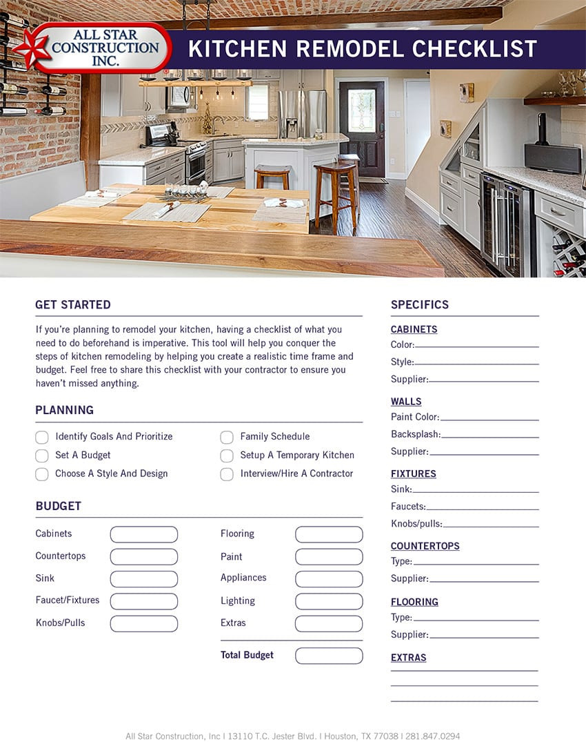 Kitchen Remodel Check List
 2018 Kitchen Remodel Checklist All Star Construction Inc