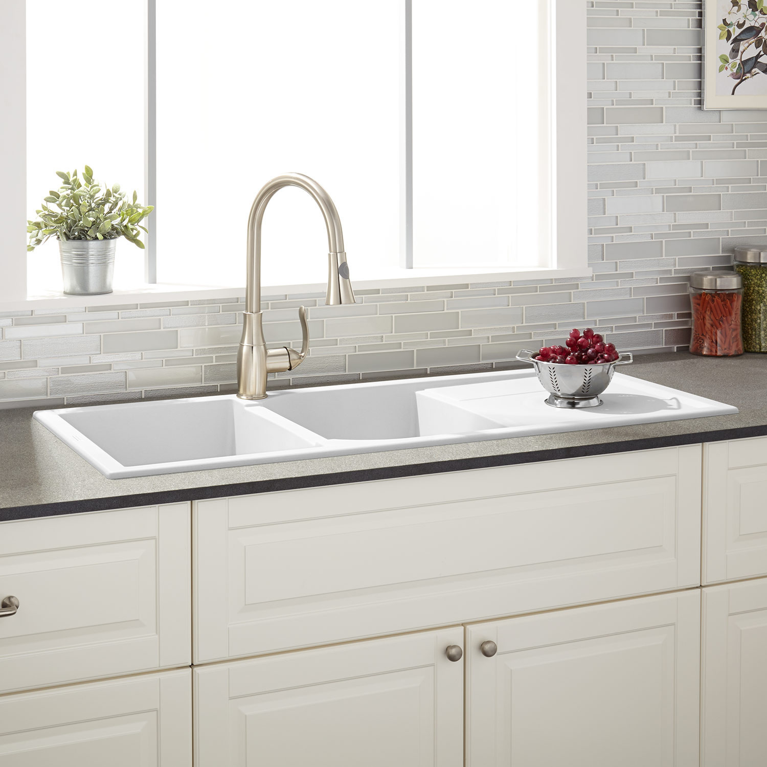 Kitchen Sink White
 46" Tansi Double Bowl Drop In Sink with Drain Board
