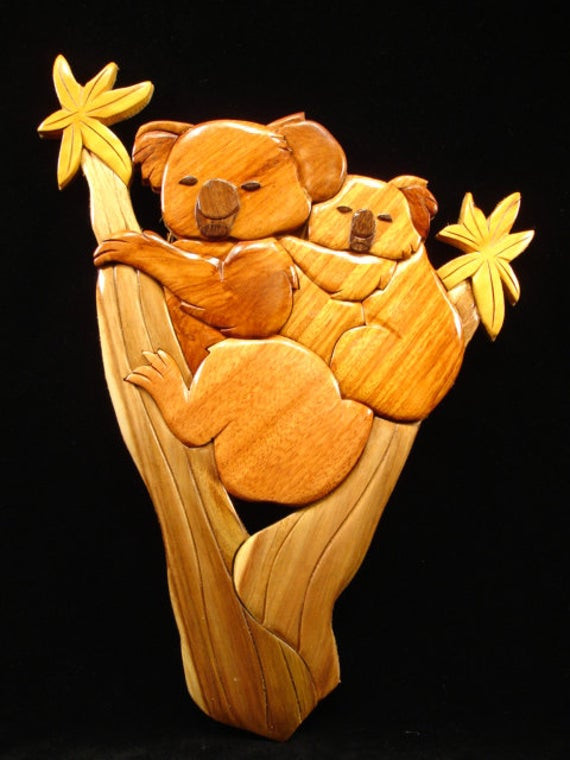 Koala Baby Wood Wall Decor
 Hand Carved Wood Art Intarsia KOALA BEAR & BABY by