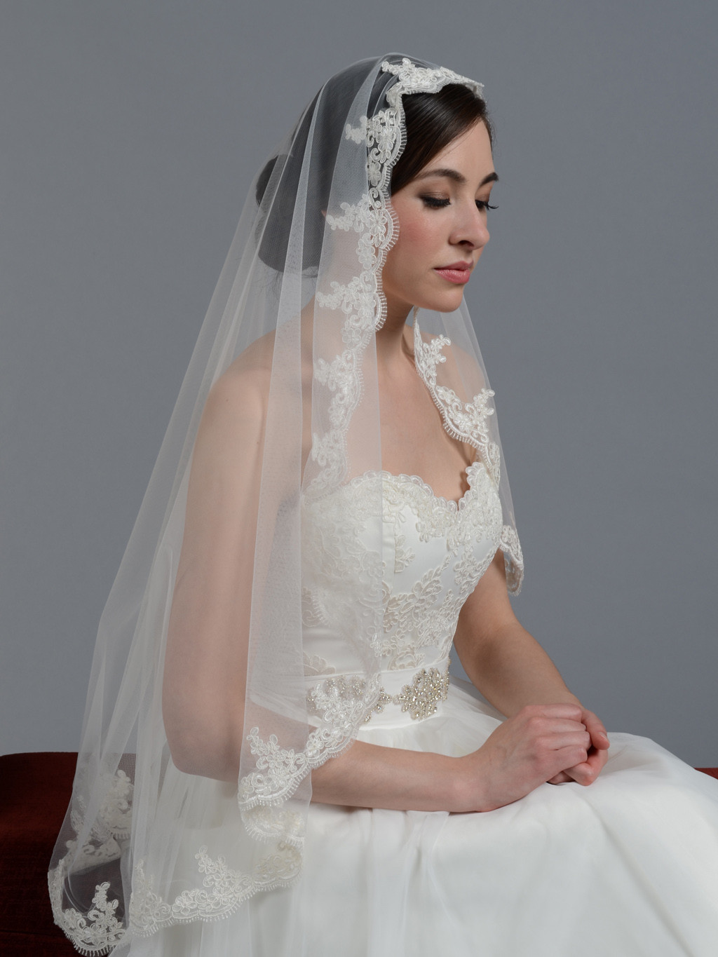 Lace Wedding Veils
 Mantilla veil fingertip chapel alencon lace wedding veil V02