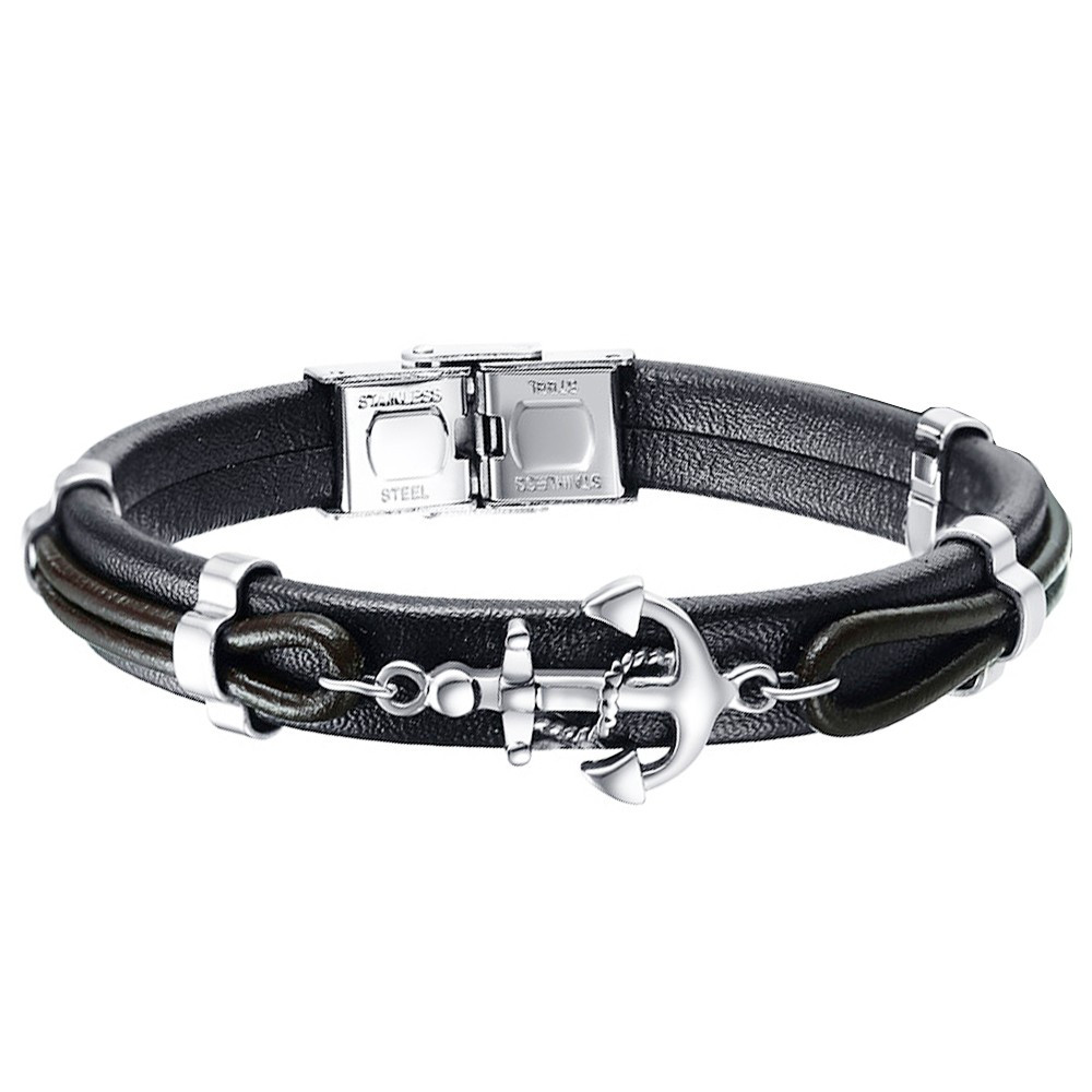 Leather Anchor Bracelet
 Men s Black Leather Stainless Steel Anchor Bracelet