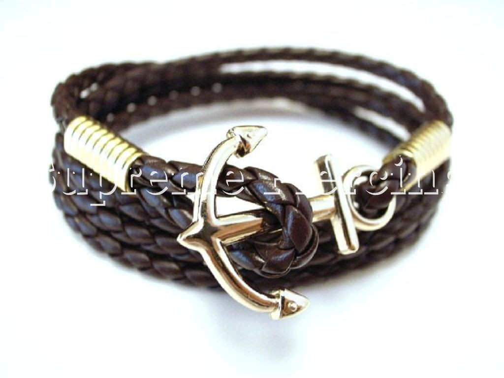 Leather Anchor Bracelet
 Men Women Silver Gold Anchor Steel Surfer Black Brown