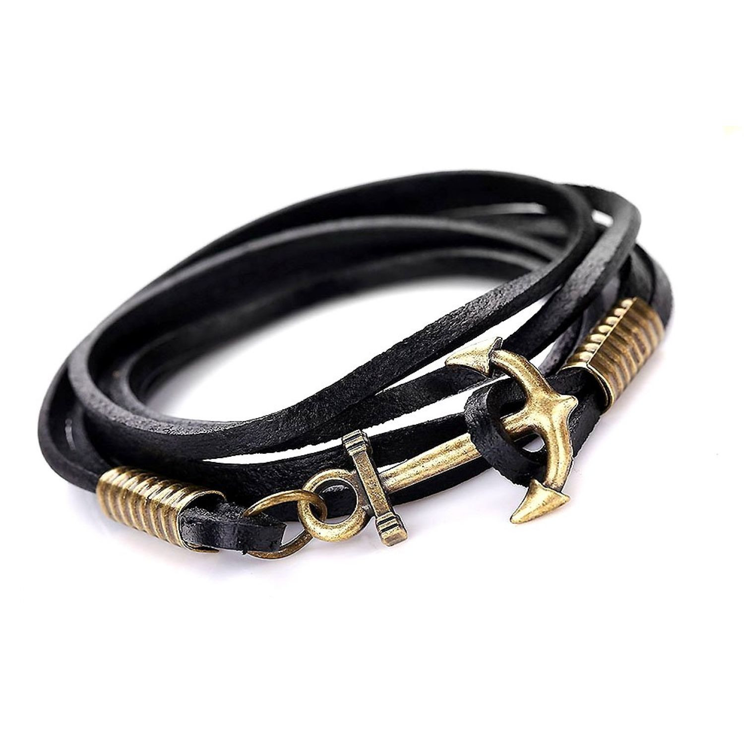 Leather Anchor Bracelet
 Brass Anchor Multi Strands Black Leather Bracelet For Men