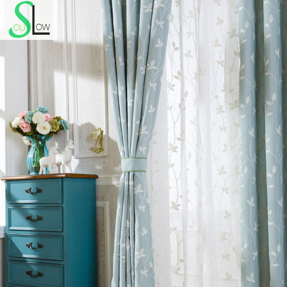 Light Blue Curtains Living Room
 Slow Soul Cotton Embroidered Curtains Light Blue White