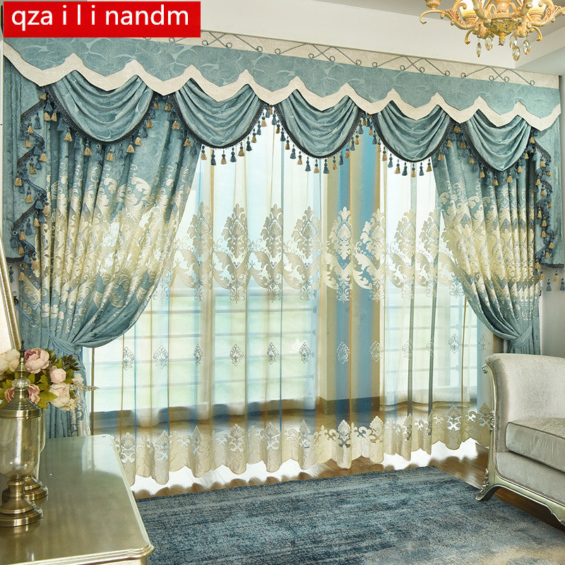 Light Blue Curtains Living Room
 European luxury light blue embroidered Blackout decorative