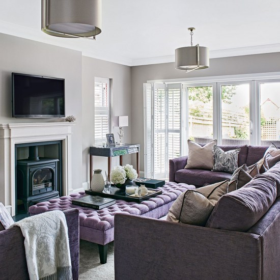 Light Grey Living Room
 Light grey living room with lilac sofa