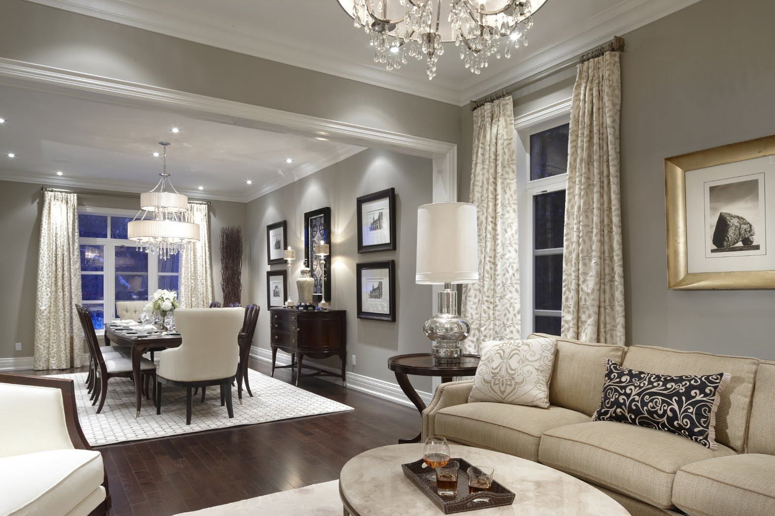 Light Grey Living Room
 Medium light grey walls with contrasting dark wood floor