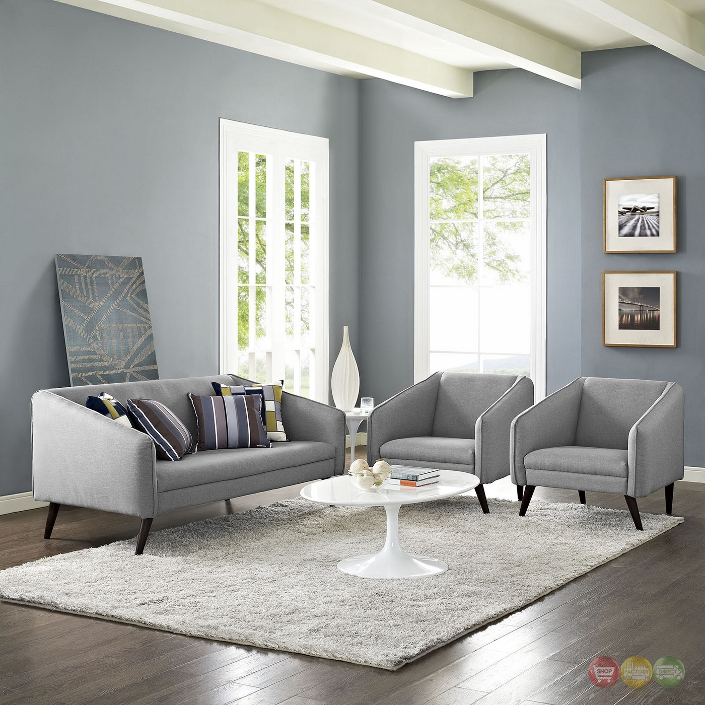 Light Grey Living Room
 Slide Modern 3 pc Upholstered Sofa & Armchairs Living Room