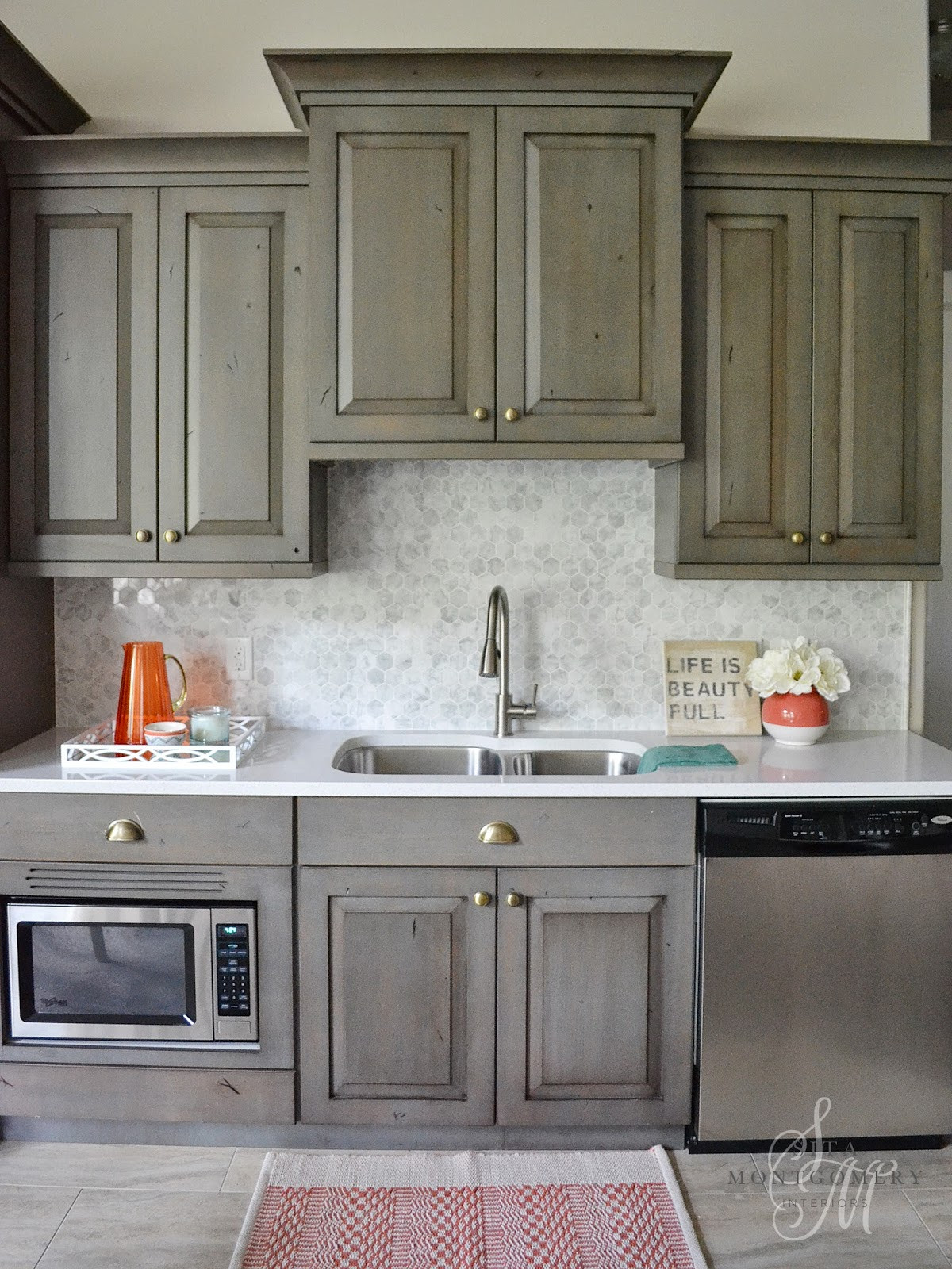 Limestone Kitchen Backsplash
 Sita Montgomery Interiors My Home Basement Kitchen