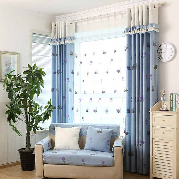 Living Room Country Curtains
 Decorative Embroidery Craft Blue Butterfly Cotton Country