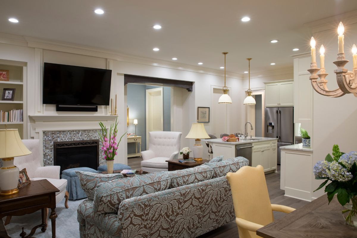 Living Room Recessed Lighting
 open concept living room hardwood floors grey color