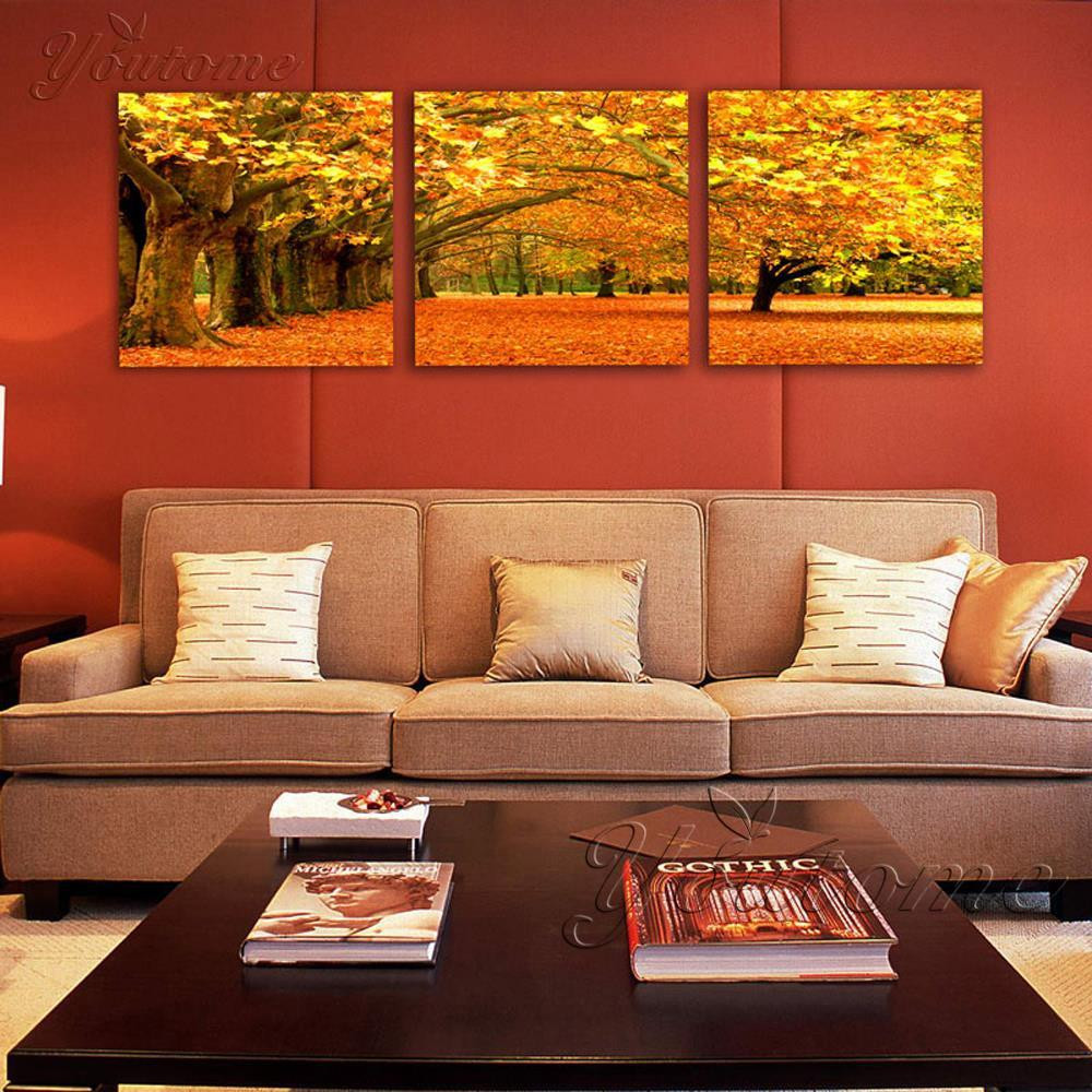 Living Room Wall Art
 3 Piece gold wall art Maple Tree Painting Modern Art