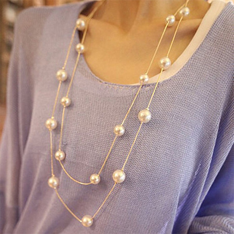 Long Pendant Necklaces
 N826 Double Layer Simulated Pearls Necklaces Fashion