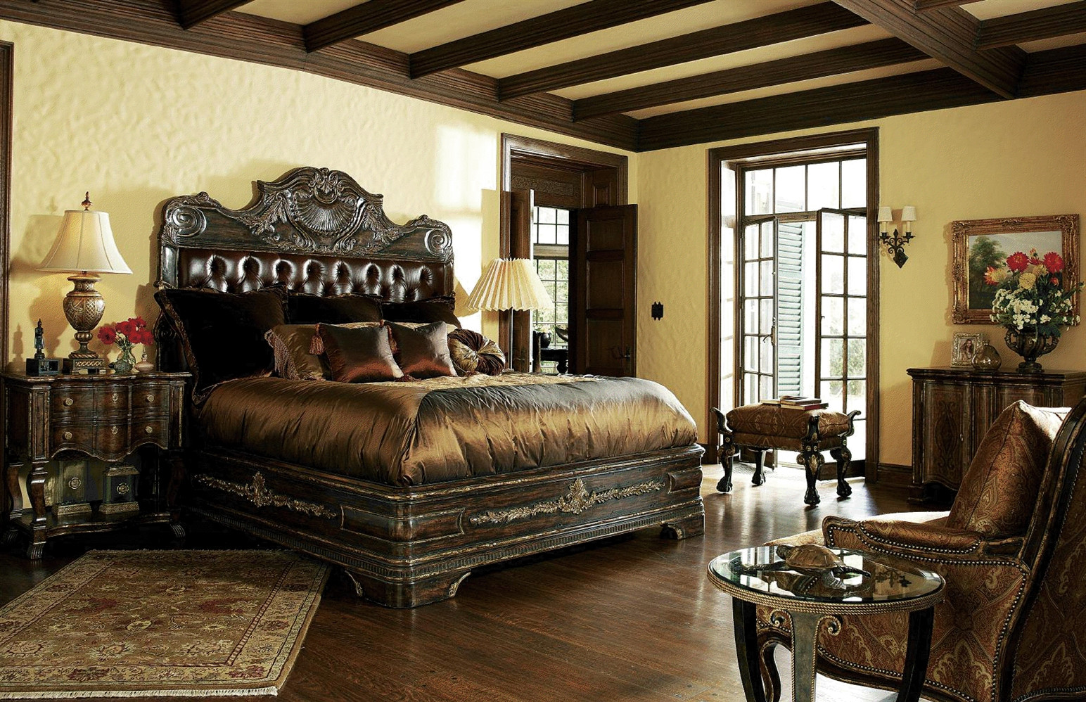 Luxury Master Bedroom Furniture
 1 High end master bedroom set carvings and tufted leather