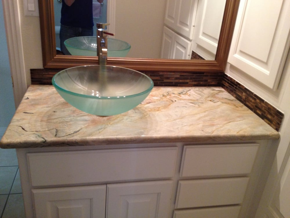 Marble Bathroom Sink Countertop
 Glass Vessel Sink on Fusion Granite Bathroom Countertop Yelp