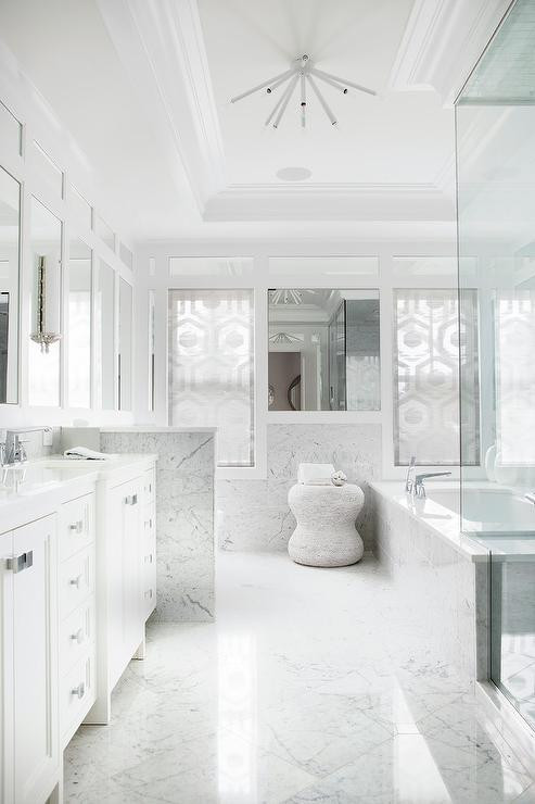 Marble Master Bathroom
 White Marble Master bath with White Sputnik Chandelier