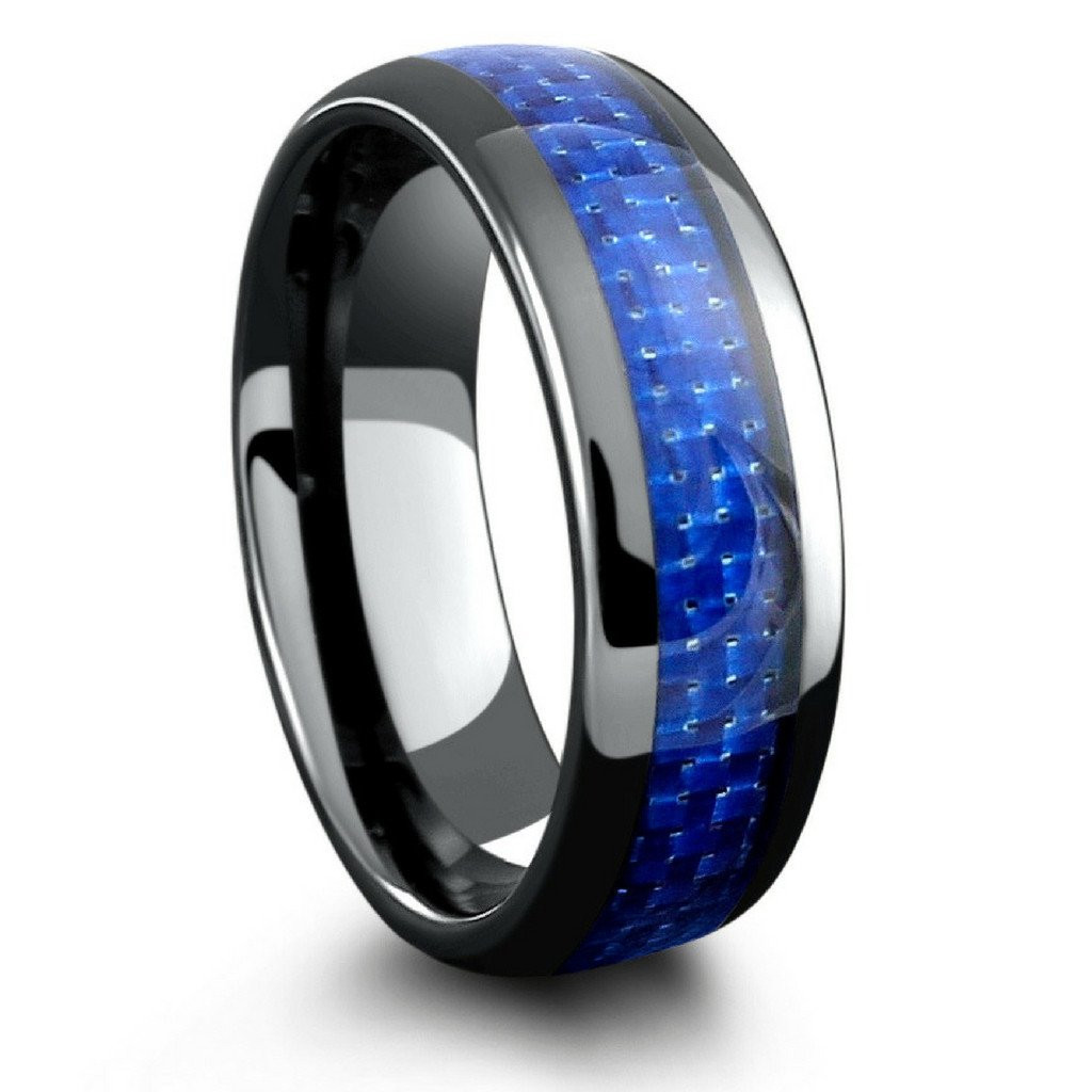 Mens Carbon Fiber Wedding Bands
 Mens Black Ceramic Wedding Band With Blue Woven Carbon