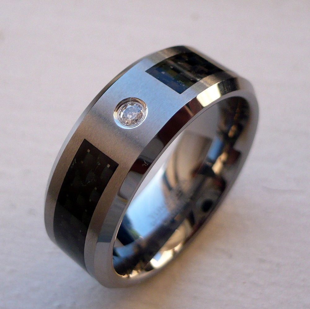 Mens Carbon Fiber Wedding Bands
 8mm TUNGSTEN CARBIDE BLACK CARBON FIBER & DIAMOND MEN S