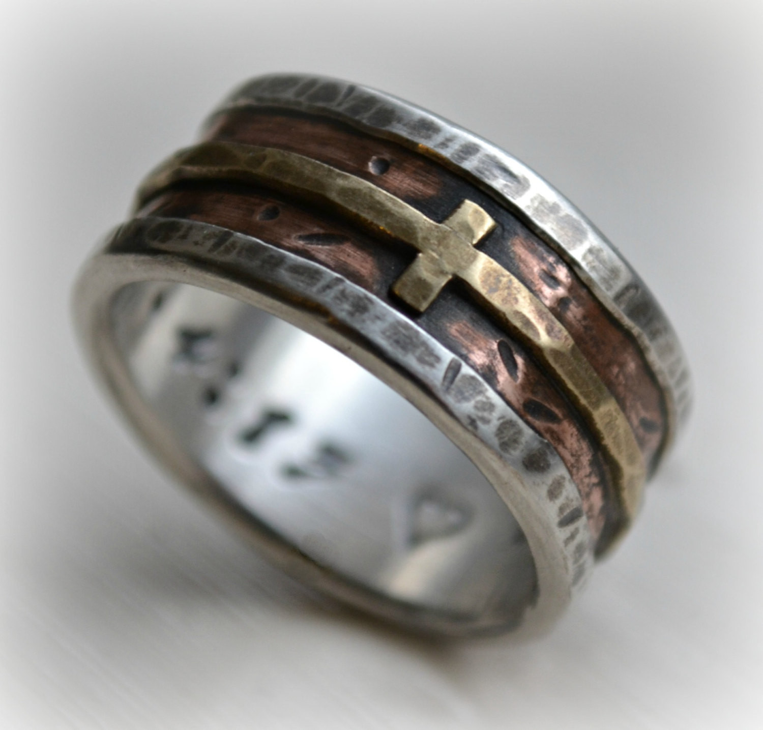 Mens Cross Wedding Bands
 mens wedding band rustic fine silver copper and brass cross