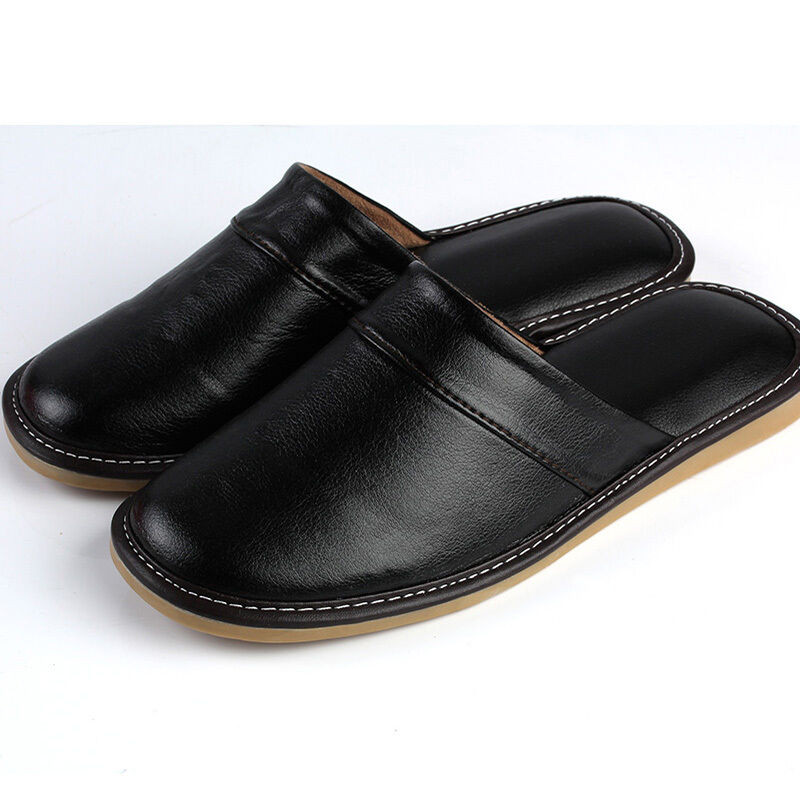 Mens Leather Bedroom Slippers
 Cozy Adult Black Synthetic Leather Soft House Bedroom