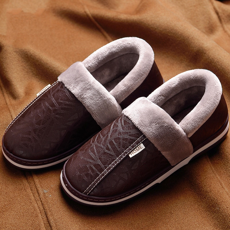 Mens Leather Bedroom Slippers
 Winter Leather Slippers for men Plus size 48 Sturdy Sole
